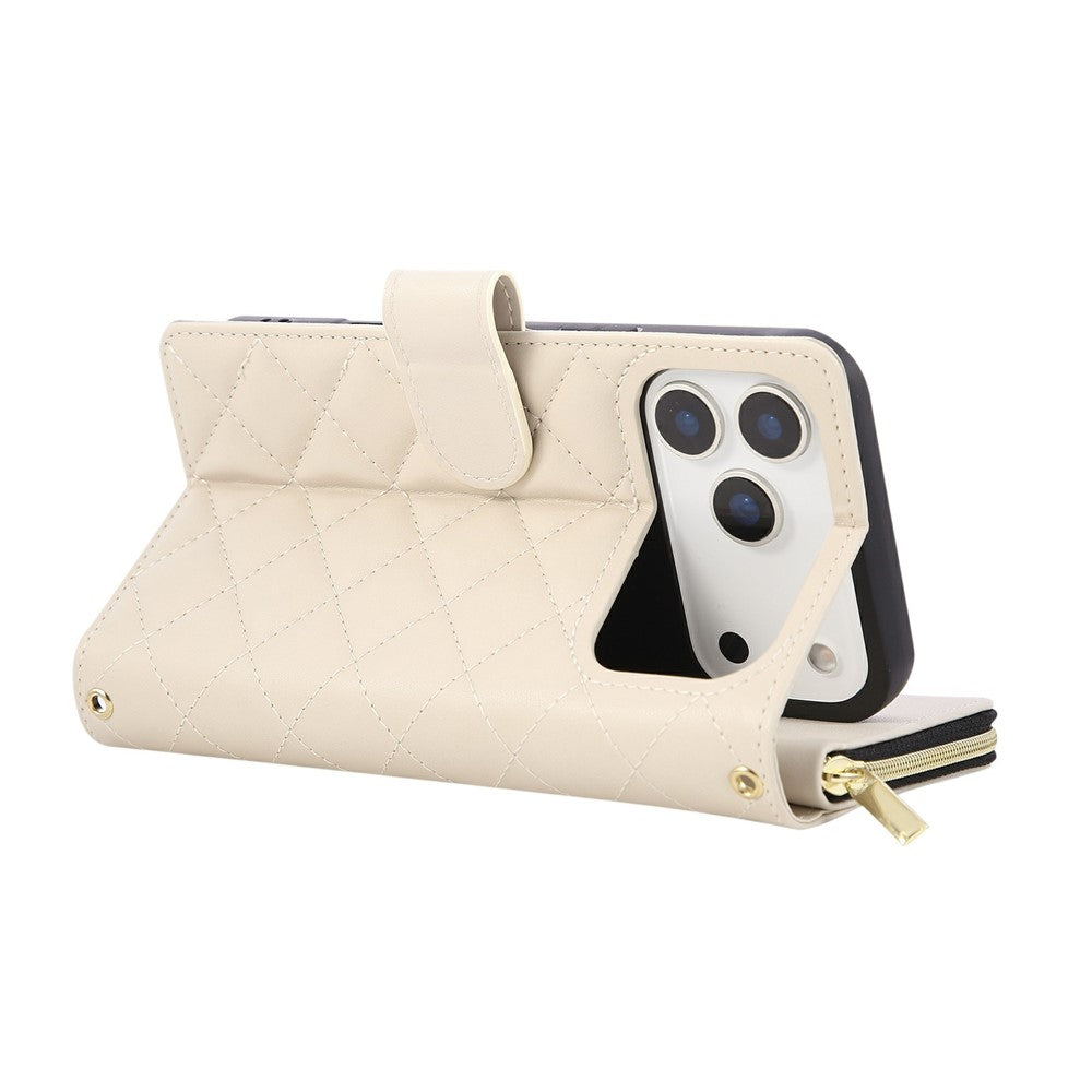 For iPhone 17 Pro Max Case Zipper Wallet Rhombus PU Leather Crossbody Phone Cover - Beige