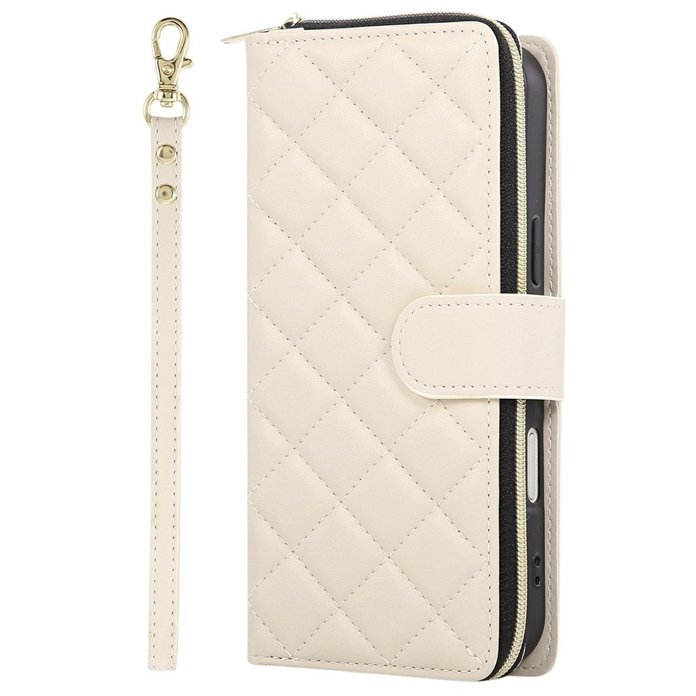 For iPhone 17 Pro Max Case Zipper Wallet Rhombus PU Leather Crossbody Phone Cover - Beige