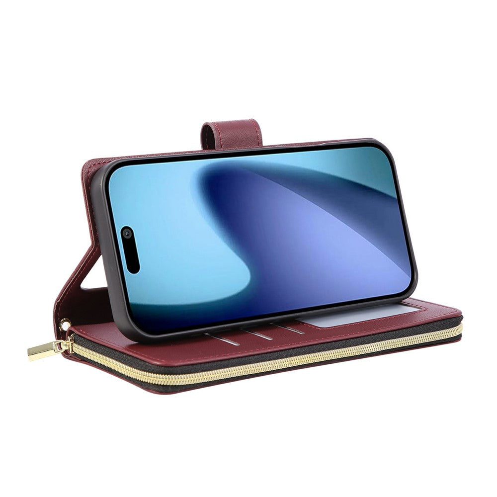 For iPhone 17 Pro Max Case Zipper Wallet Rhombus PU Leather Crossbody Phone Cover - Wine Red