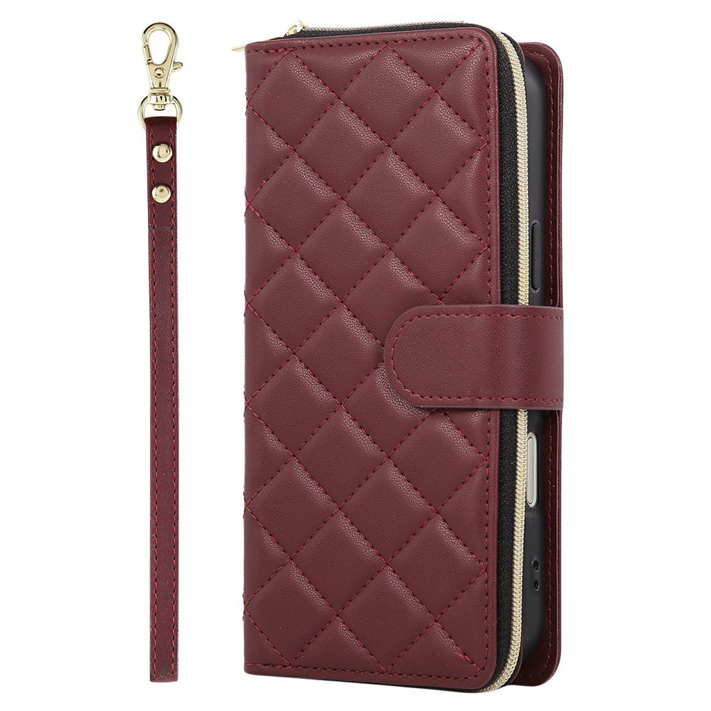 For iPhone 17 Pro Max Case Zipper Wallet Rhombus PU Leather Crossbody Phone Cover - Wine Red