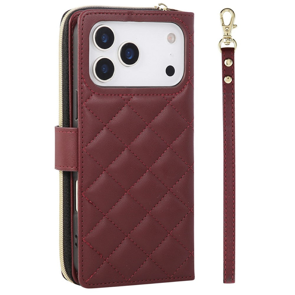 For iPhone 17 Pro Max Case Zipper Wallet Rhombus PU Leather Crossbody Phone Cover - Wine Red