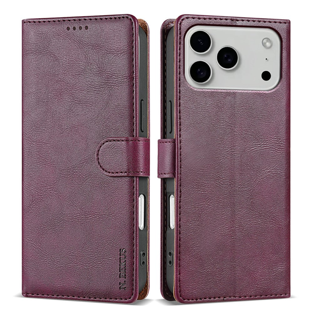 N.BEKUS CSJ-001 For iPhone 17 Pro Max Stand Case PU Leather Wallet Phone Cover - Wine Red