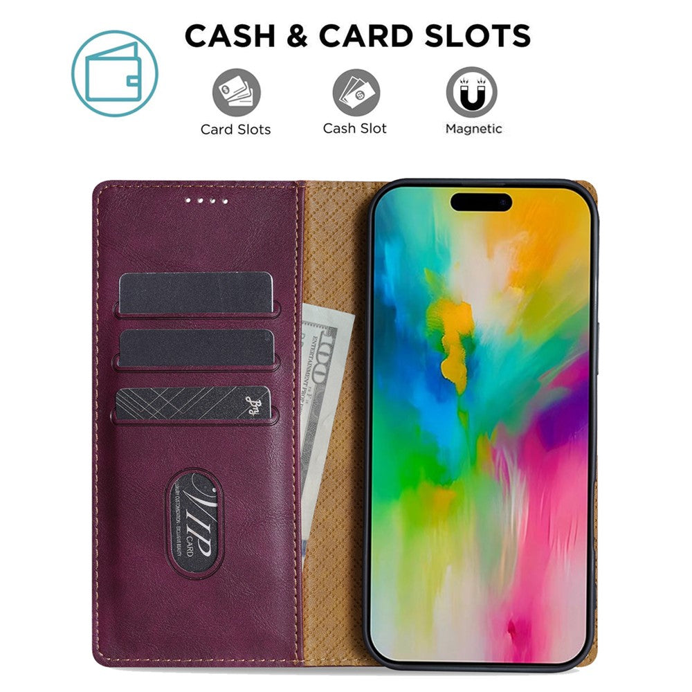 N.BEKUS CSJ-001 For iPhone 17 Pro Max Stand Case PU Leather Wallet Phone Cover - Wine Red