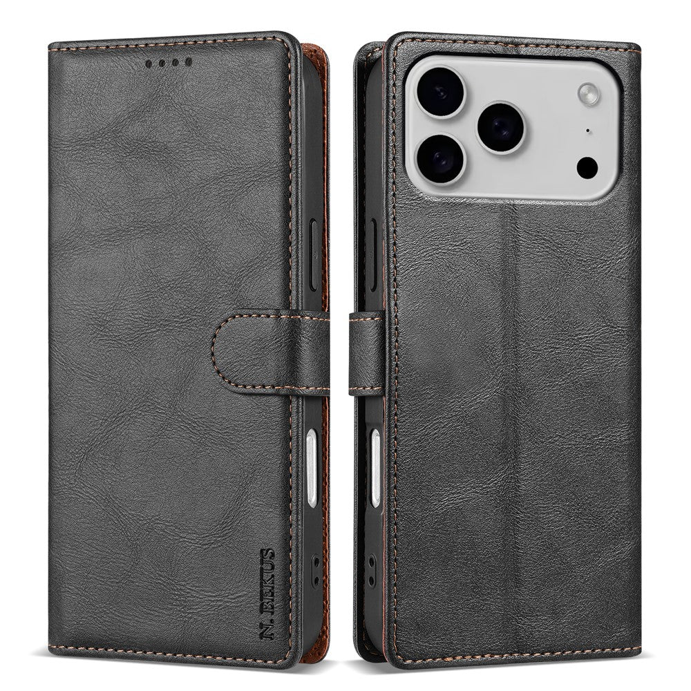 N.BEKUS CSJ-001 For iPhone 17 Pro Max Stand Case PU Leather Wallet Phone Cover - Black
