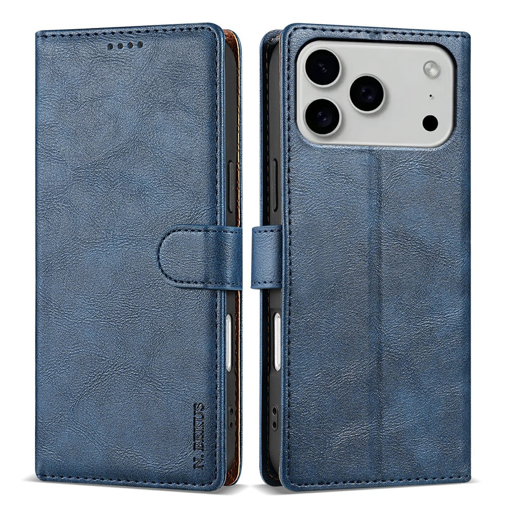 N.BEKUS CSJ-001 For iPhone 17 Pro Max Stand Case PU Leather Wallet Phone Cover - Blue