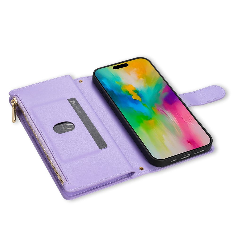 For iPhone 17 Pro Max Case Rhombus Stitching Leather Wallet Phone Cover with Long / Short Strap - Light Purple