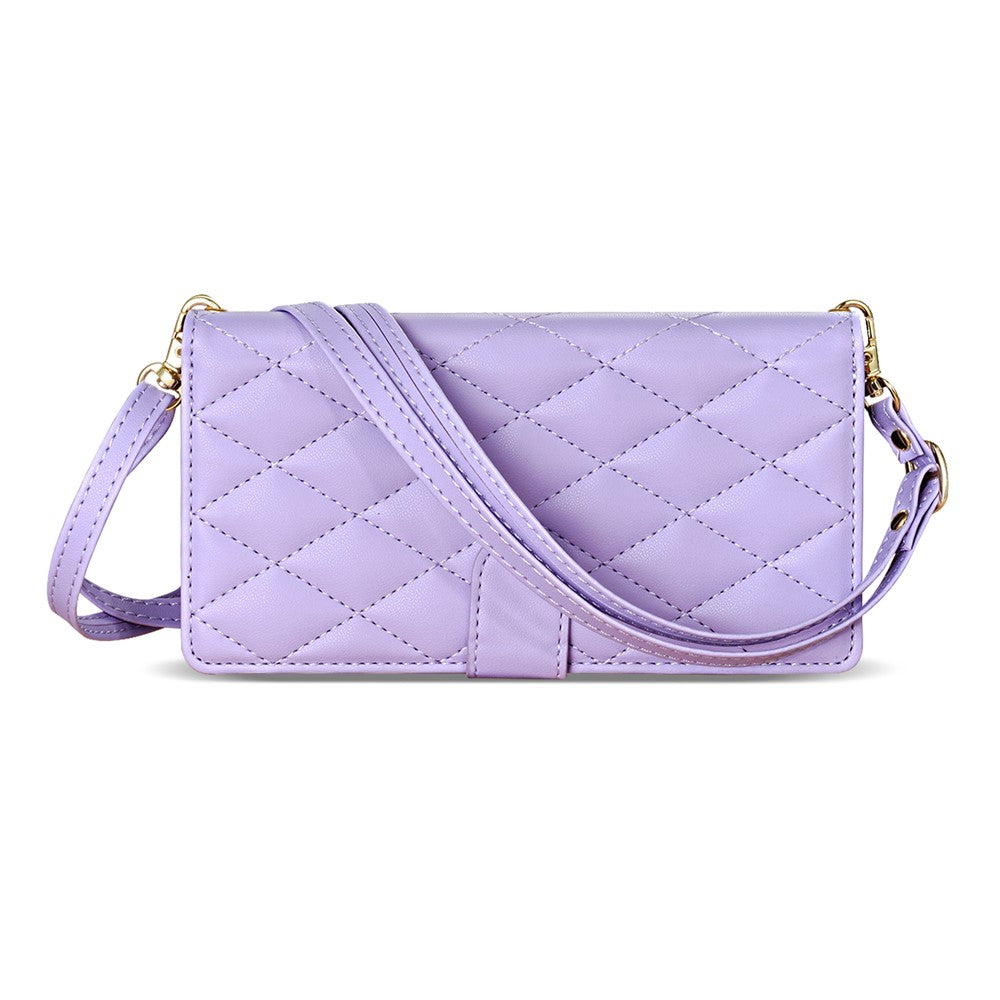 For iPhone 17 Pro Max Case Rhombus Stitching Leather Wallet Phone Cover with Long / Short Strap - Light Purple