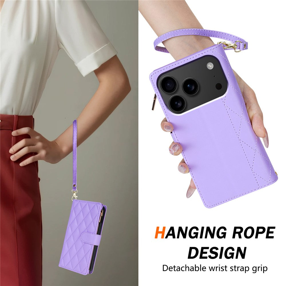 For iPhone 17 Pro Max Case Rhombus Stitching Leather Wallet Phone Cover with Long / Short Strap - Light Purple