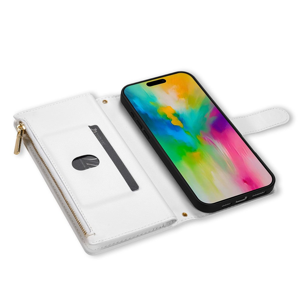 For iPhone 17 Pro Max Case Rhombus Stitching Leather Wallet Phone Cover with Long / Short Strap - White