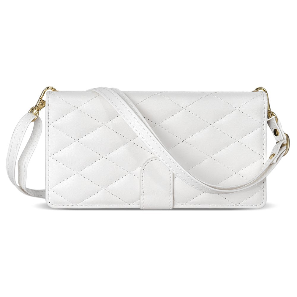 For iPhone 17 Pro Max Case Rhombus Stitching Leather Wallet Phone Cover with Long / Short Strap - White