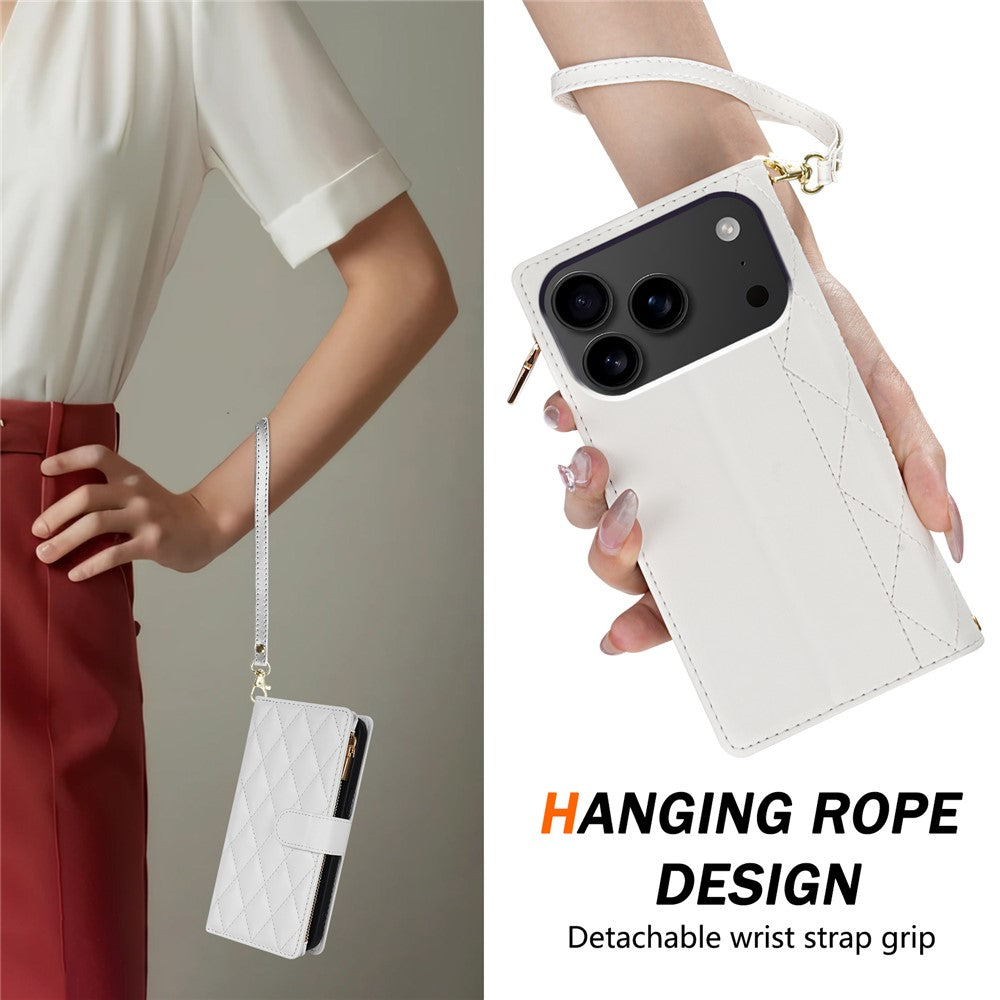 For iPhone 17 Pro Max Case Rhombus Stitching Leather Wallet Phone Cover with Long / Short Strap - White