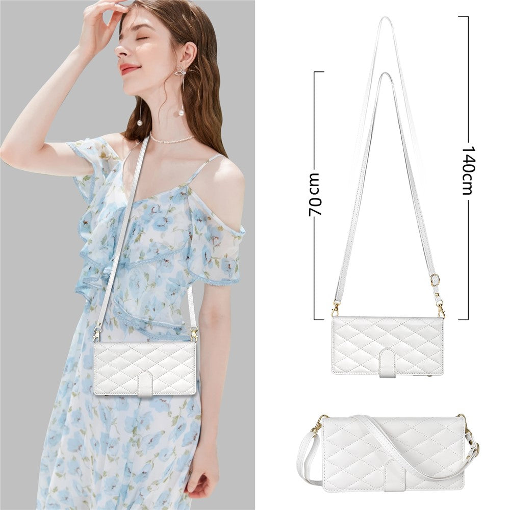 For iPhone 17 Pro Max Case Rhombus Stitching Leather Wallet Phone Cover with Long / Short Strap - White