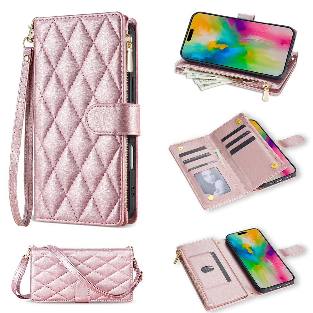 For iPhone 17 Pro Max Case Rhombus Stitching Leather Wallet Phone Cover with Long / Short Strap - Rose Gold