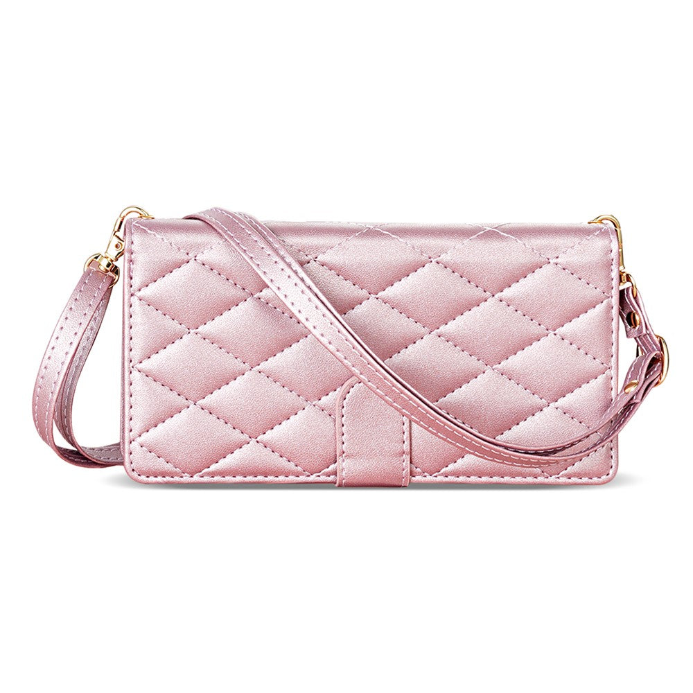 For iPhone 17 Pro Max Case Rhombus Stitching Leather Wallet Phone Cover with Long / Short Strap - Rose Gold