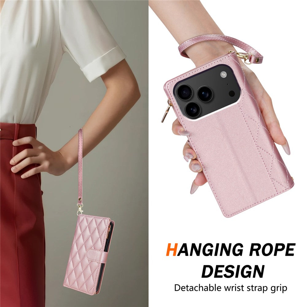 For iPhone 17 Pro Max Case Rhombus Stitching Leather Wallet Phone Cover with Long / Short Strap - Rose Gold