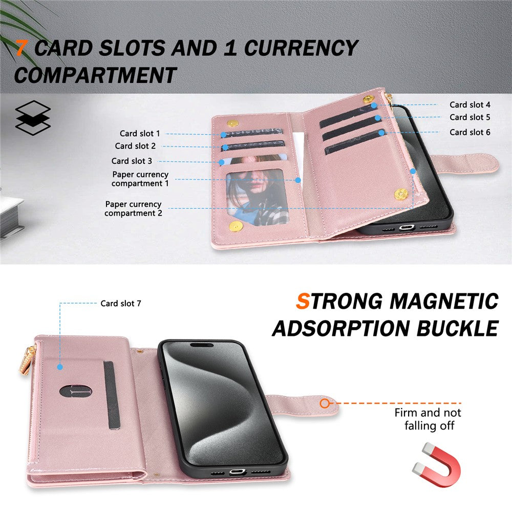 For iPhone 17 Pro Max Case Rhombus Stitching Leather Wallet Phone Cover with Long / Short Strap - Rose Gold