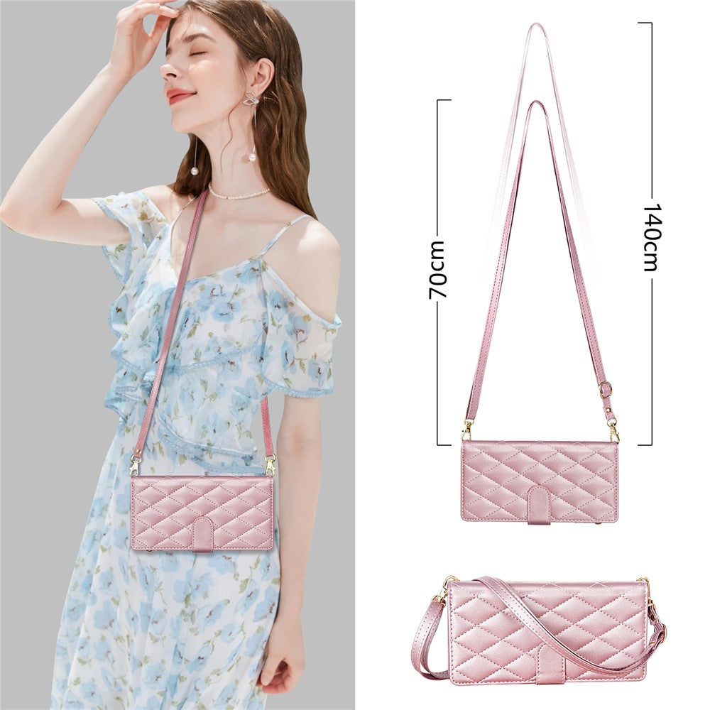 For iPhone 17 Pro Max Case Rhombus Stitching Leather Wallet Phone Cover with Long / Short Strap - Rose Gold