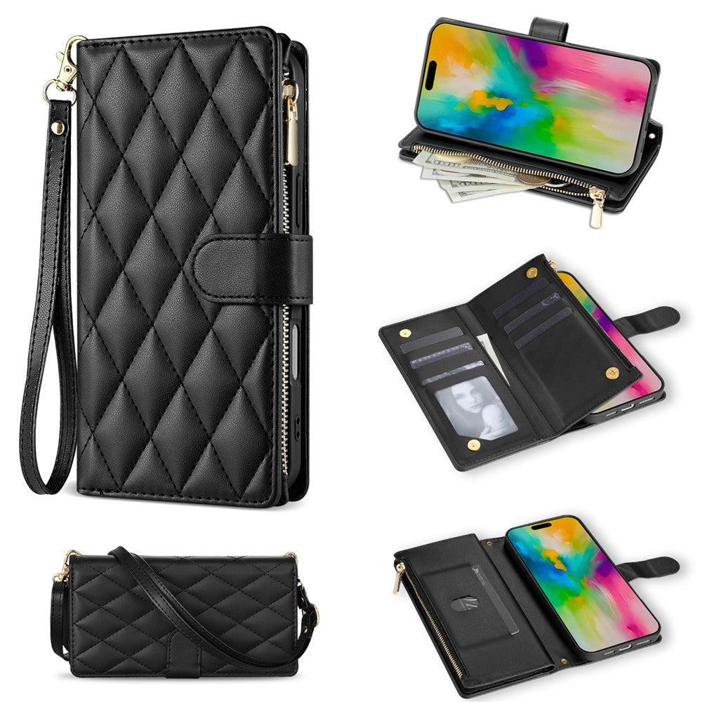 For iPhone 17 Pro Max Case Rhombus Stitching Leather Wallet Phone Cover with Long / Short Strap - Black