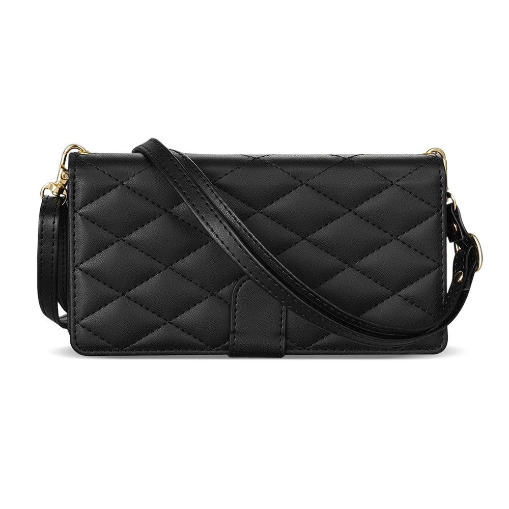 For iPhone 17 Pro Max Case Rhombus Stitching Leather Wallet Phone Cover with Long / Short Strap - Black