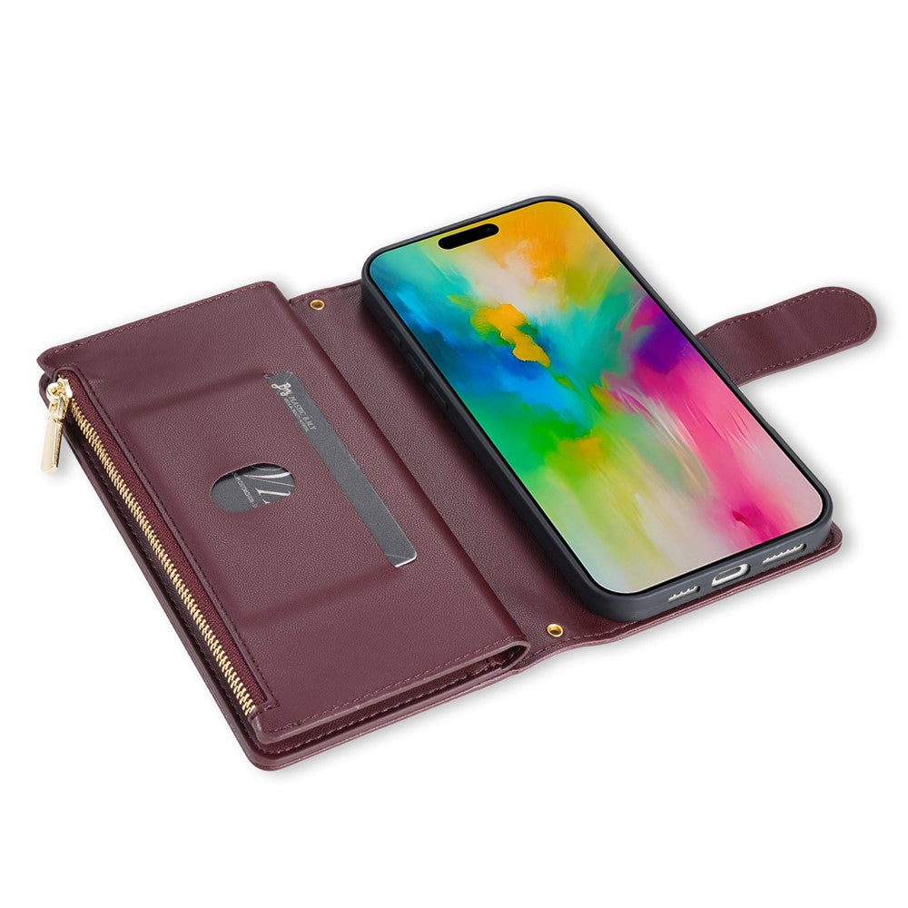 For iPhone 17 Pro Max Case Rhombus Stitching Leather Wallet Phone Cover with Long / Short Strap - Wine Red