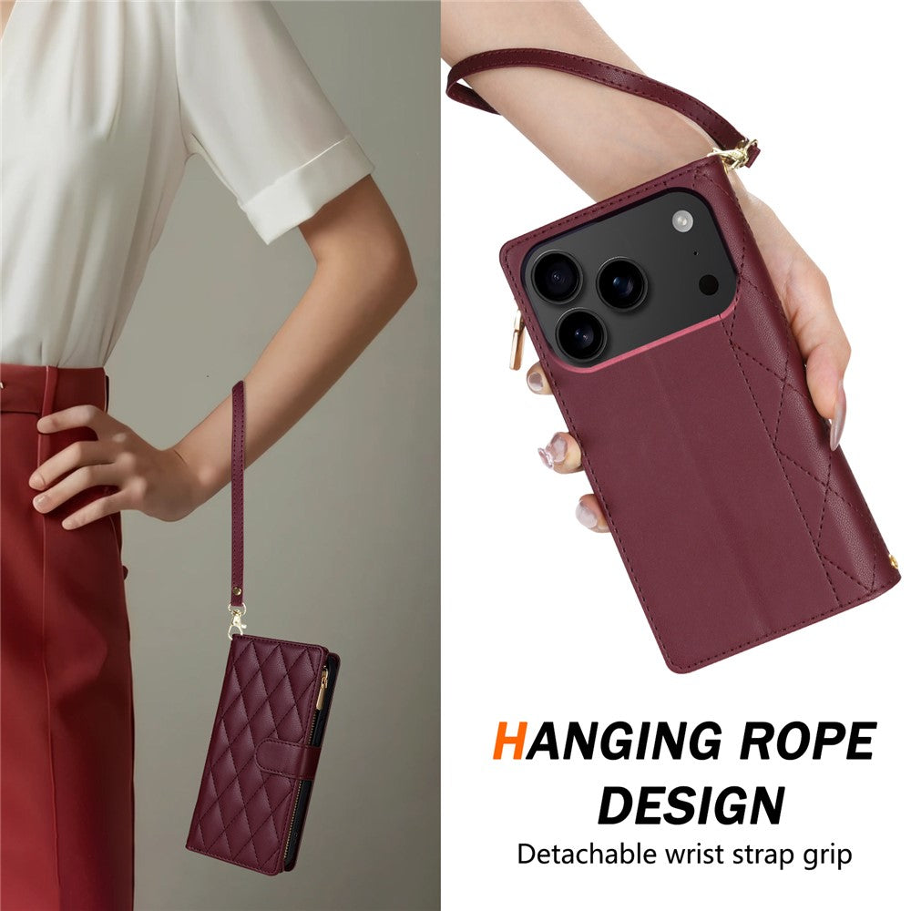 For iPhone 17 Pro Max Case Rhombus Stitching Leather Wallet Phone Cover with Long / Short Strap - Wine Red