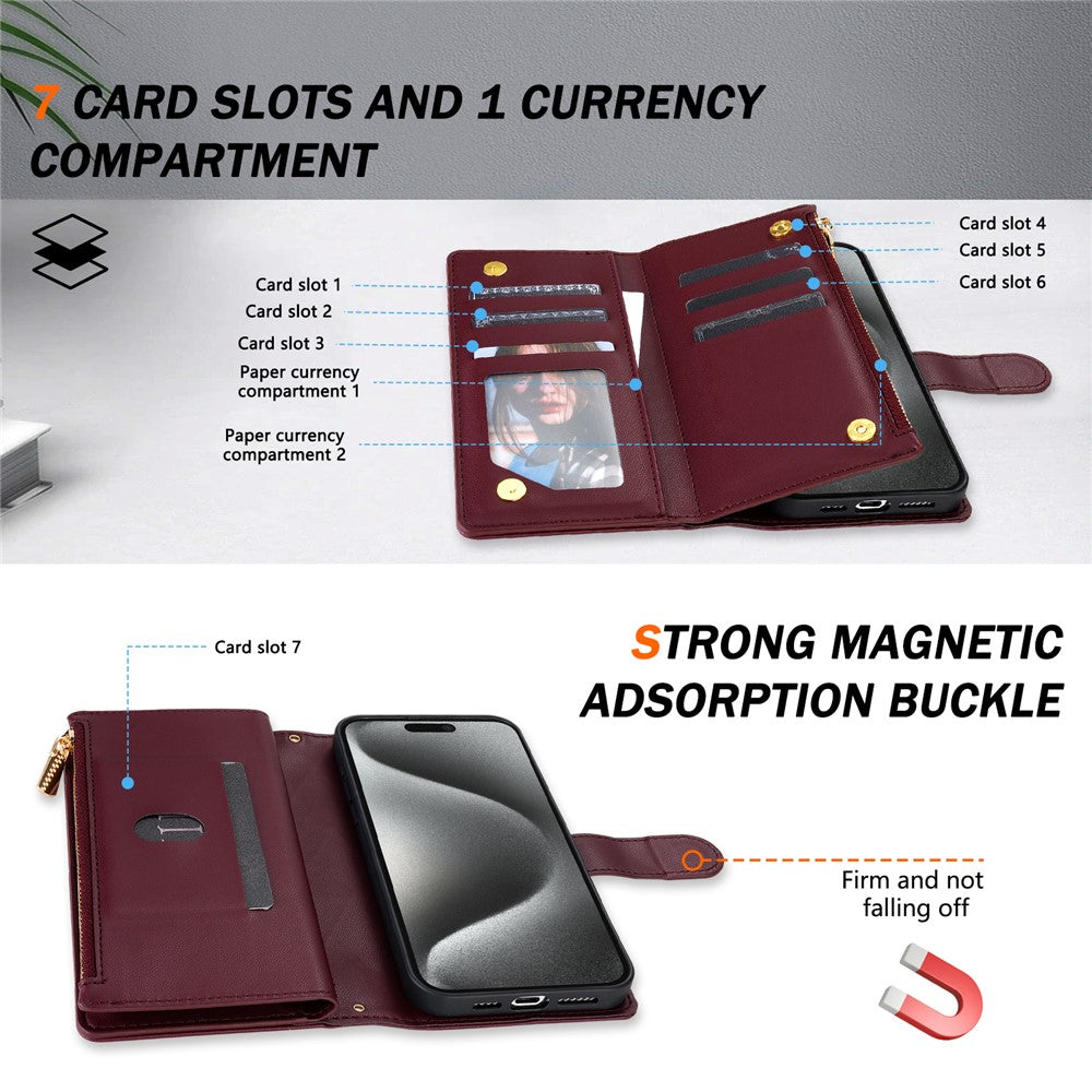 For iPhone 17 Pro Max Case Rhombus Stitching Leather Wallet Phone Cover with Long / Short Strap - Wine Red