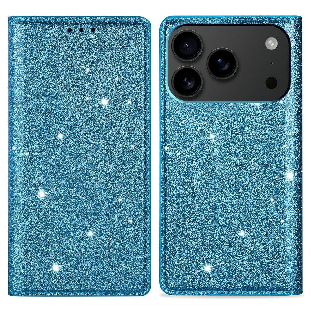 For iPhone 17 Pro Max Case Glittery PU Leather + TPU Card Slot Phone Cover - Blue