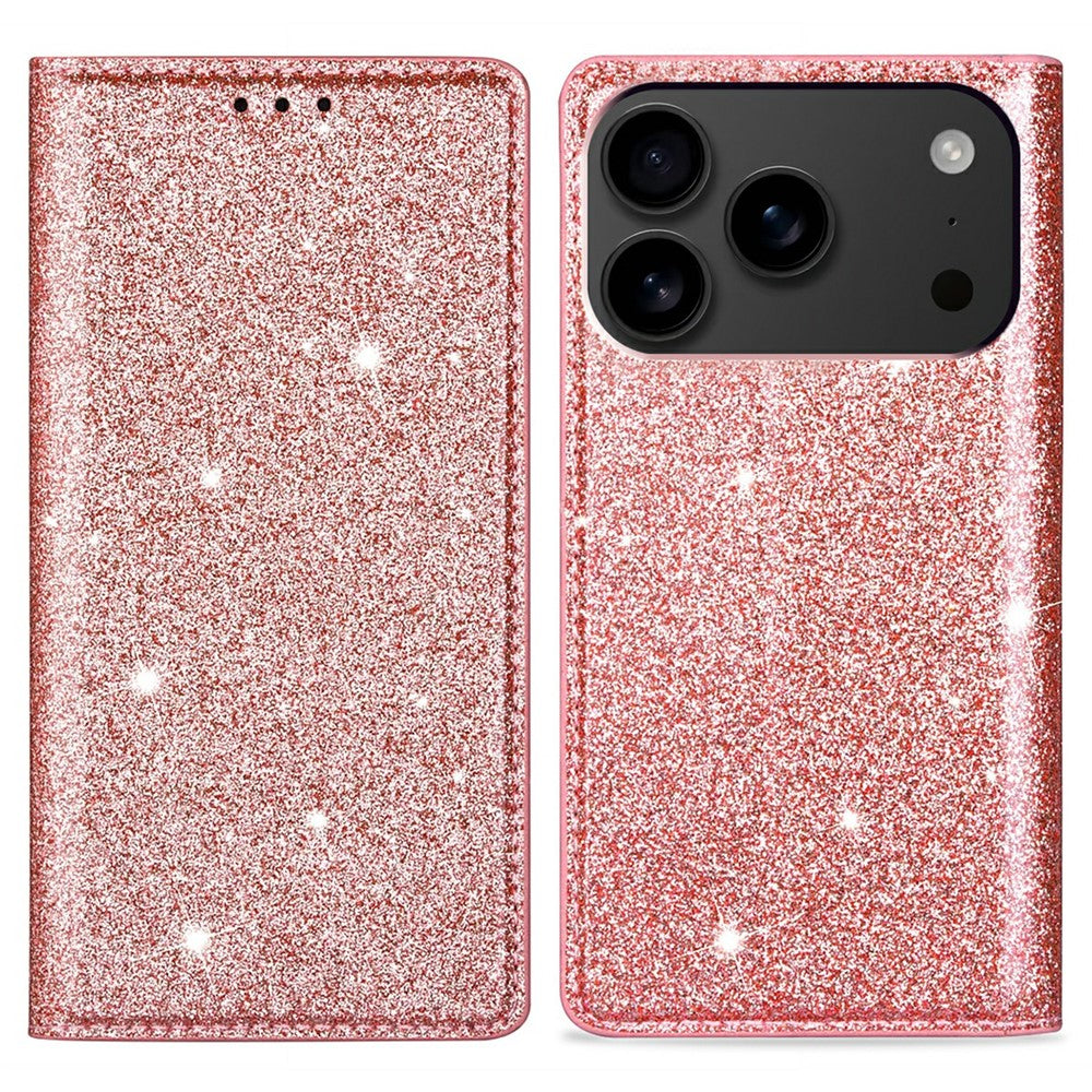For iPhone 17 Pro Max Case Glittery PU Leather + TPU Card Slot Phone Cover - Rose Gold