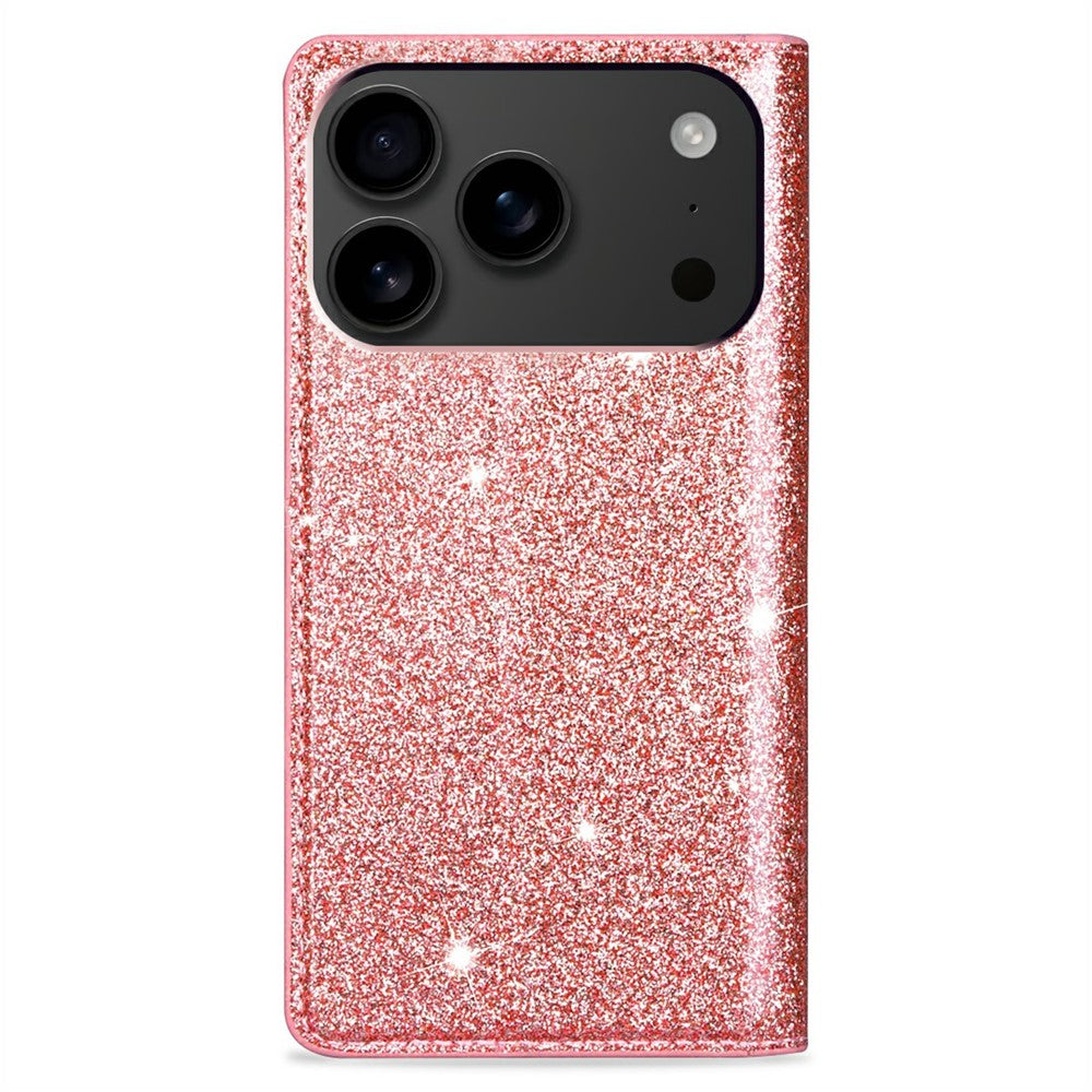 For iPhone 17 Pro Max Case Glittery PU Leather + TPU Card Slot Phone Cover - Rose Gold