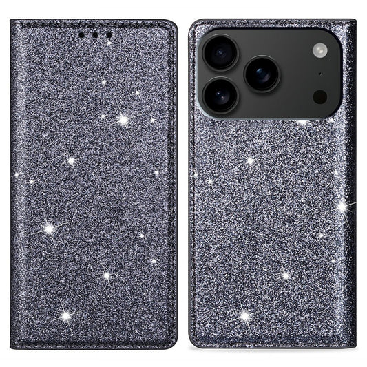 For iPhone 17 Pro Max Case Glittery PU Leather + TPU Card Slot Phone Cover - Grey