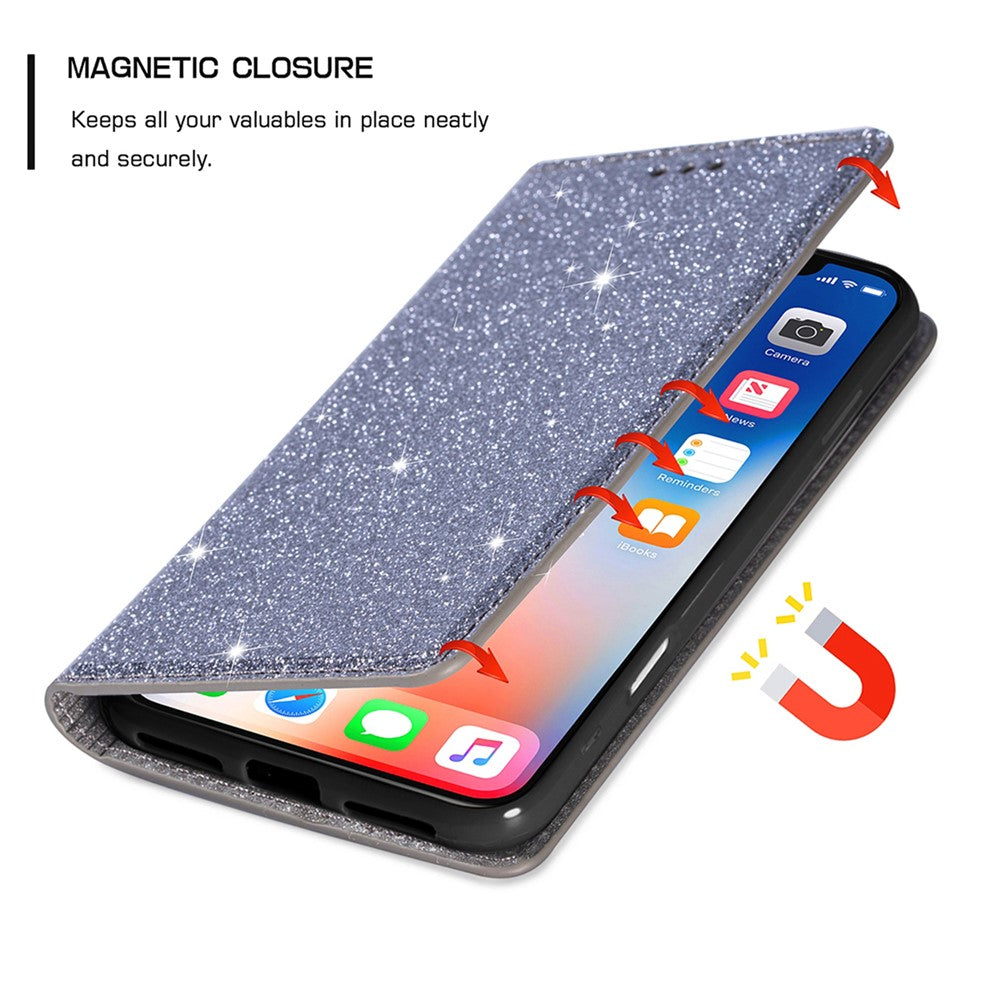 For iPhone 17 Pro Max Case Glittery PU Leather + TPU Card Slot Phone Cover - Grey