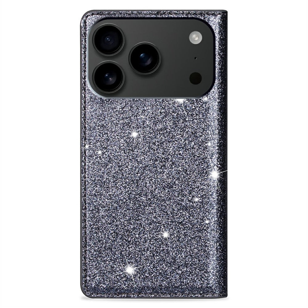 For iPhone 17 Pro Max Case Glittery PU Leather + TPU Card Slot Phone Cover - Grey