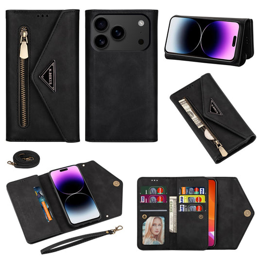 N.BEKUS For iPhone 17 Pro Max Cases Skin-Touch Leather Wallet Phone Cover with Straps - Black