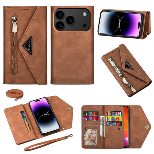 N.BEKUS For iPhone 17 Pro Max Cases Skin-Touch Leather Wallet Phone Cover with Straps - Brown