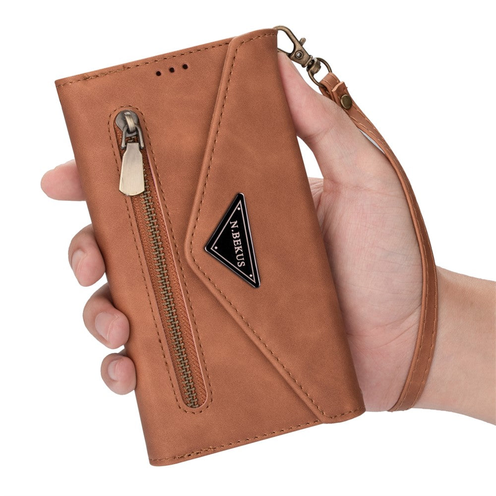 N.BEKUS For iPhone 17 Pro Max Cases Skin-Touch Leather Wallet Phone Cover with Straps - Brown