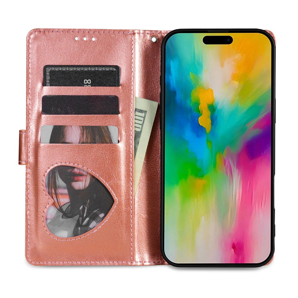 For iPhone 17 Pro Max Stand Case Glitter Phone Leather Cover Zipper Pocket - Rose Gold