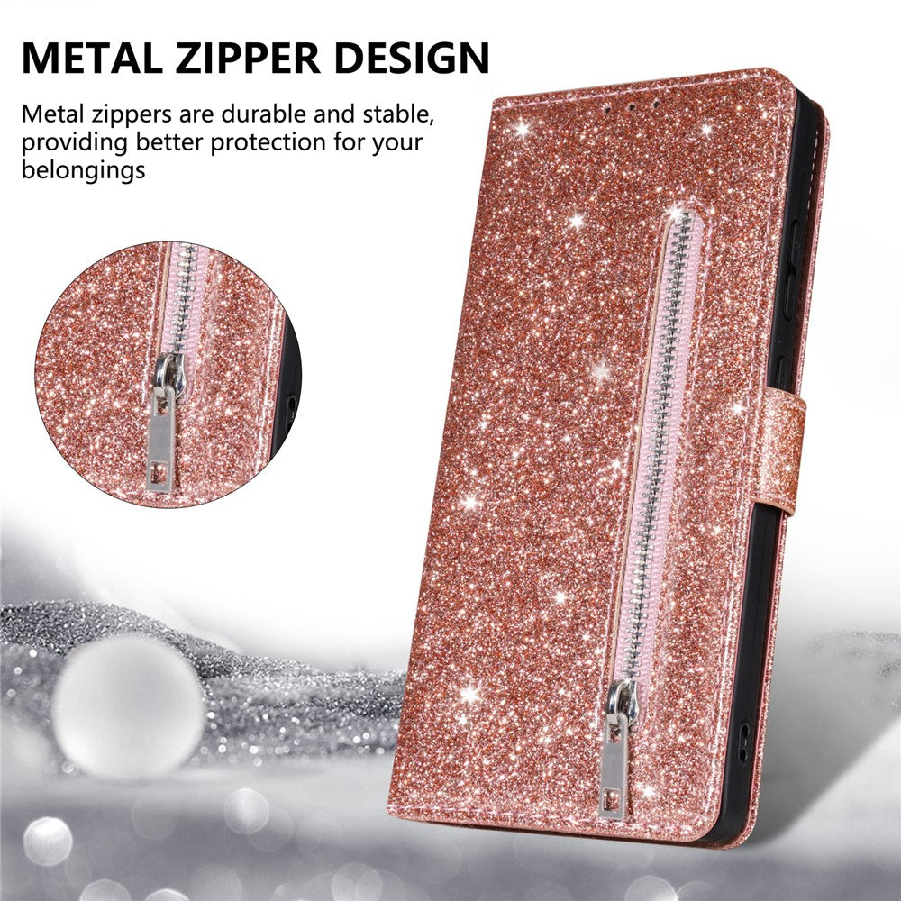 For iPhone 17 Pro Max Stand Case Glitter Phone Leather Cover Zipper Pocket - Rose Gold