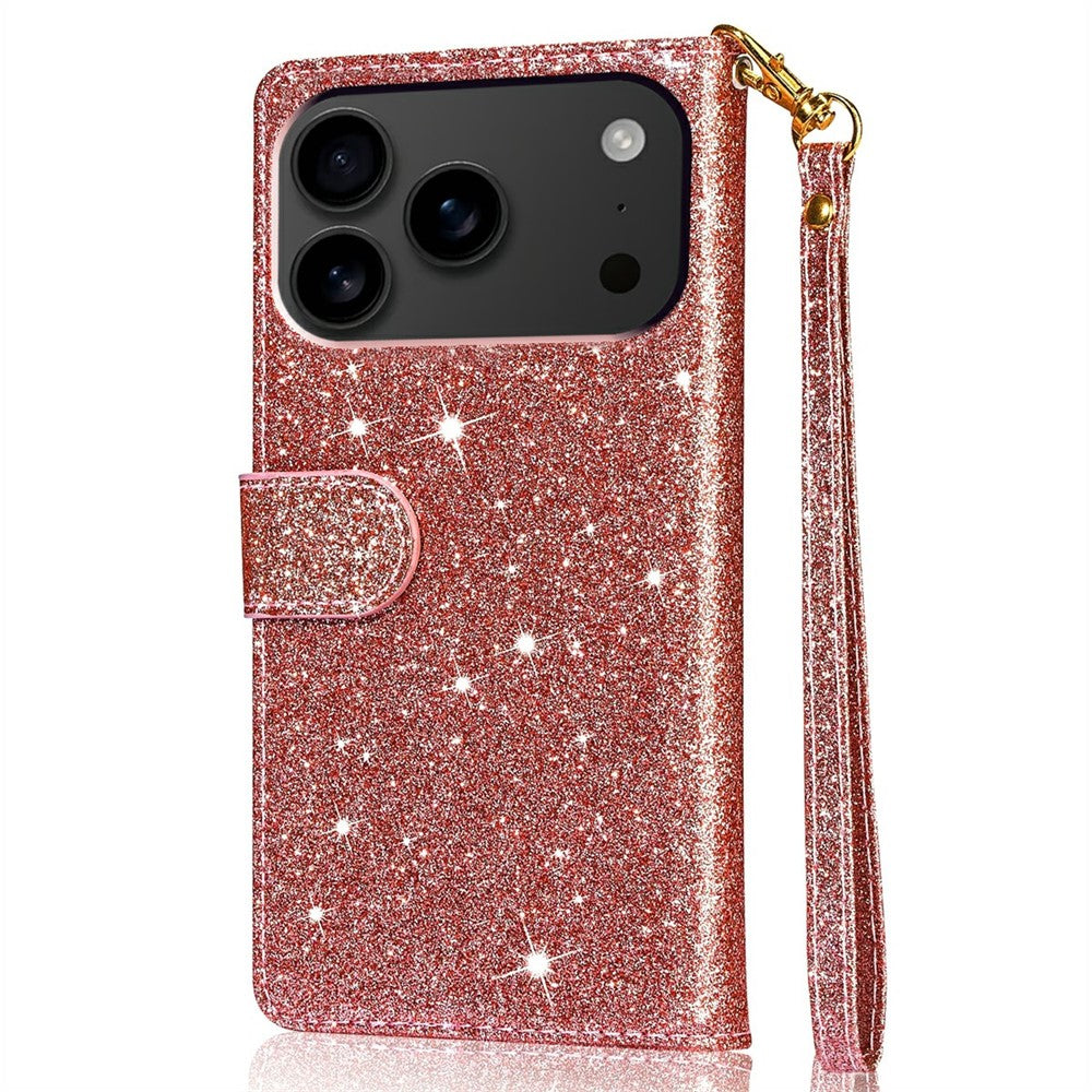 For iPhone 17 Pro Max Stand Case Glitter Phone Leather Cover Zipper Pocket - Rose Gold