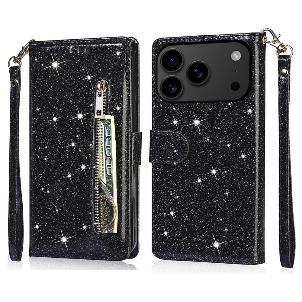 For iPhone 17 Pro Max Stand Case Glitter Phone Leather Cover Zipper Pocket - Black