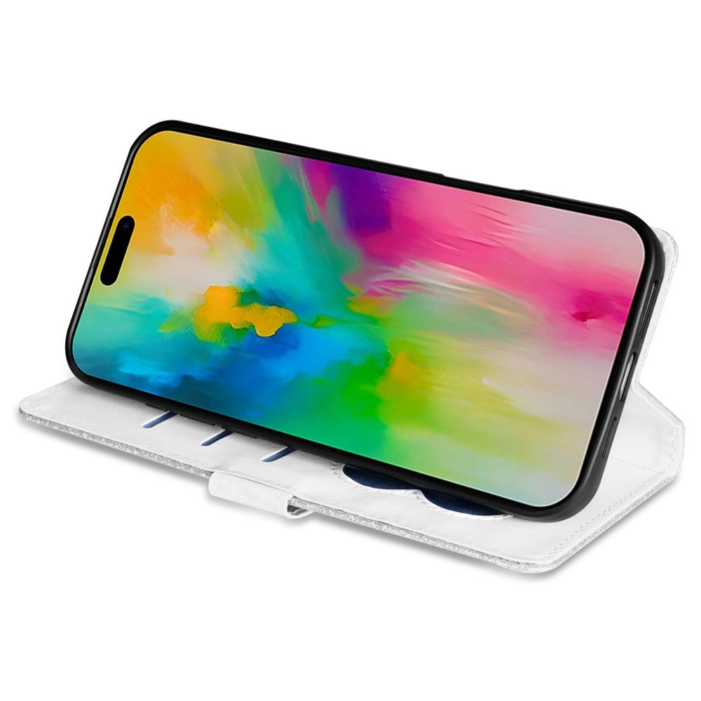 For iPhone 17 Pro Max Stand Case Glitter Phone Leather Cover Zipper Pocket - Silver