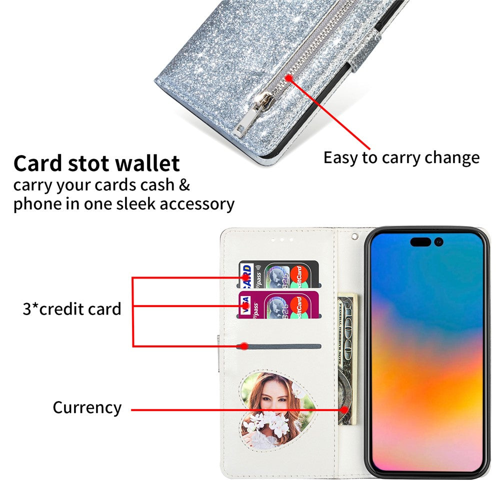 For iPhone 17 Pro Max Stand Case Glitter Phone Leather Cover Zipper Pocket - Silver