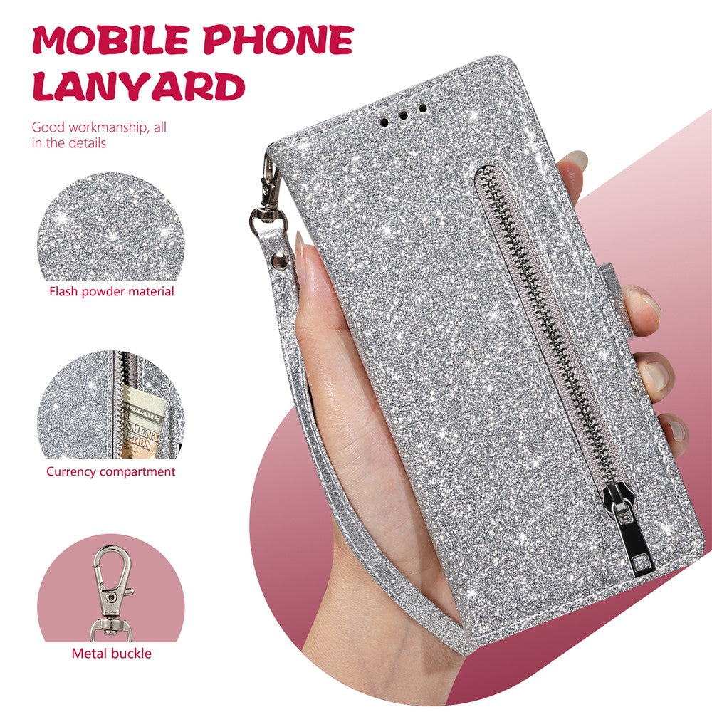For iPhone 17 Pro Max Stand Case Glitter Phone Leather Cover Zipper Pocket - Silver