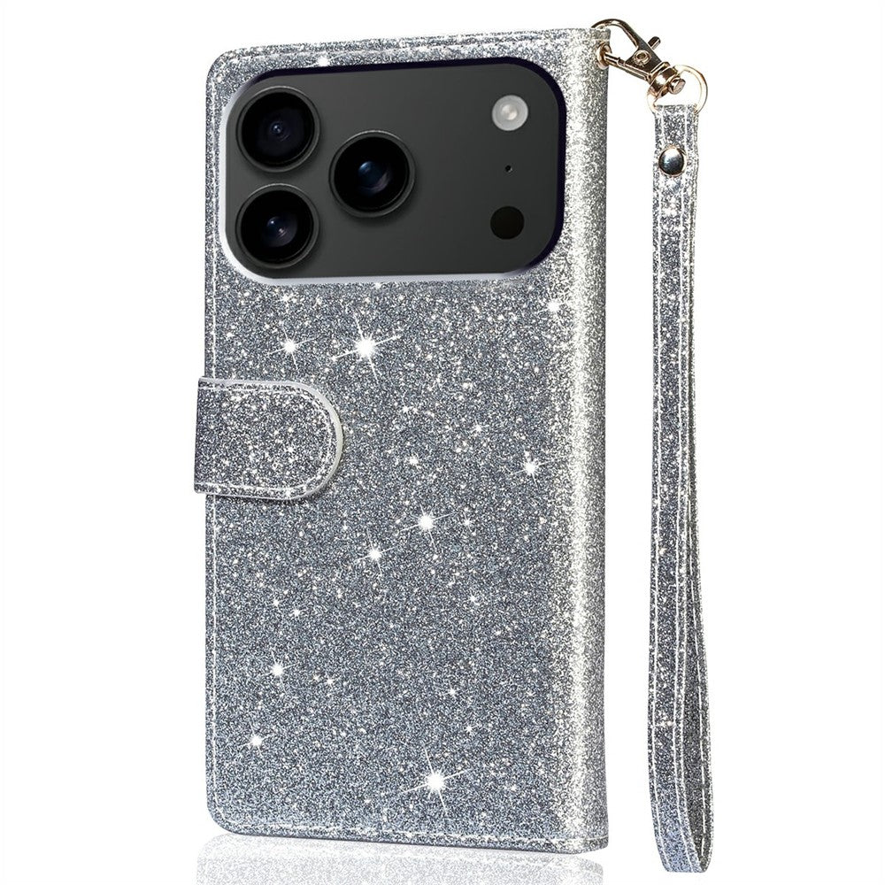 For iPhone 17 Pro Max Stand Case Glitter Phone Leather Cover Zipper Pocket - Silver