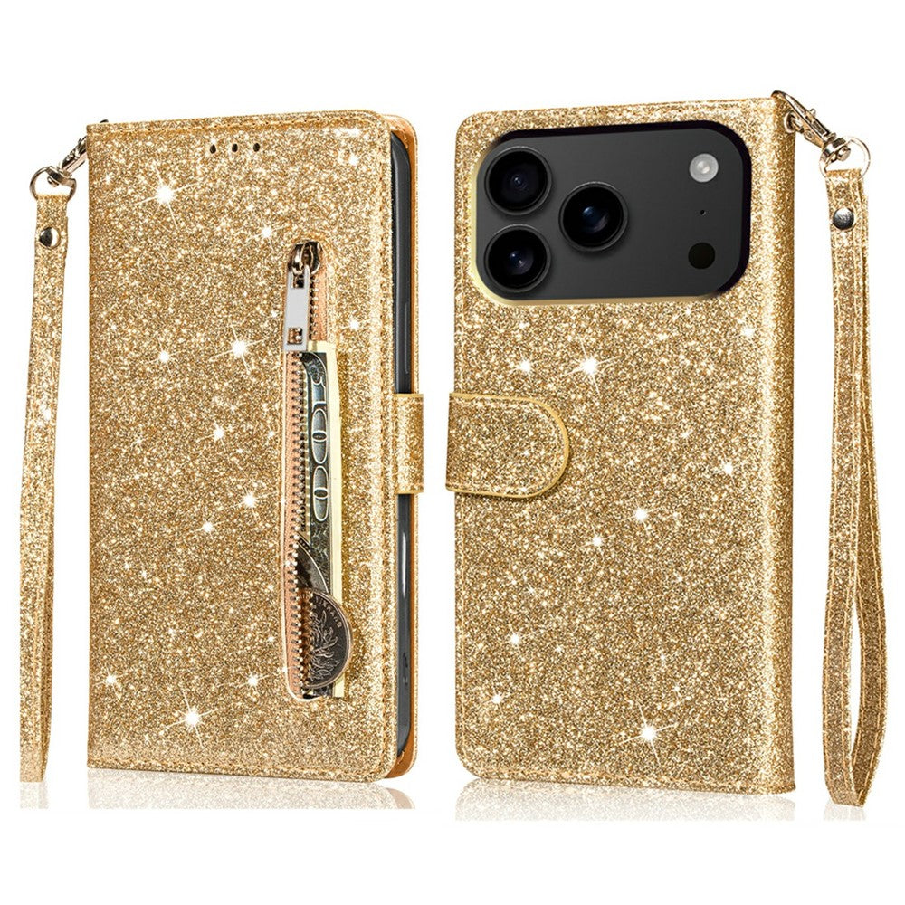 For iPhone 17 Pro Max Stand Case Glitter Phone Leather Cover Zipper Pocket - Gold