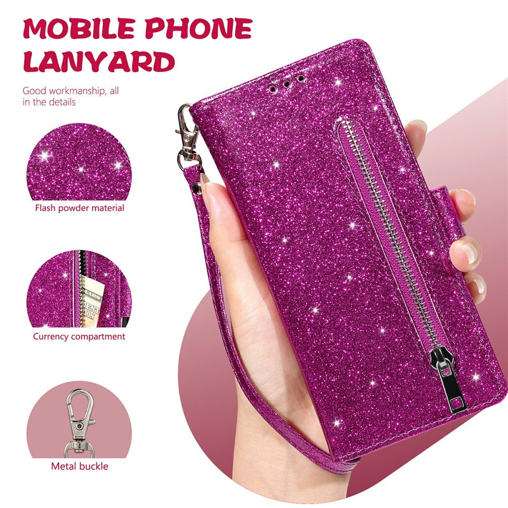 For iPhone 17 Pro Max Stand Case Glitter Phone Leather Cover Zipper Pocket - Purple
