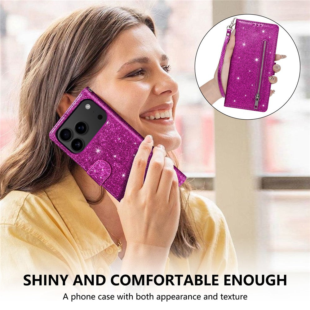For iPhone 17 Pro Max Stand Case Glitter Phone Leather Cover Zipper Pocket - Purple