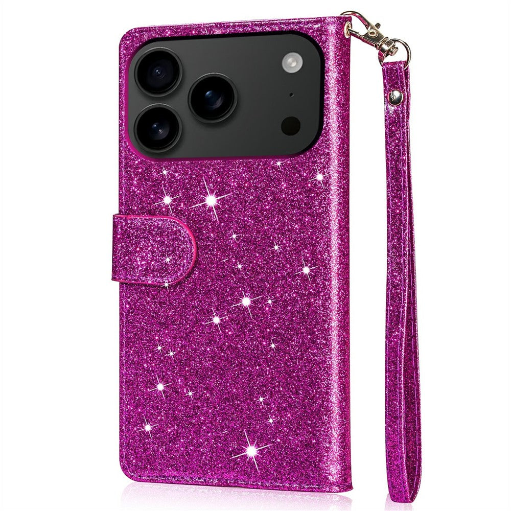For iPhone 17 Pro Max Stand Case Glitter Phone Leather Cover Zipper Pocket - Purple