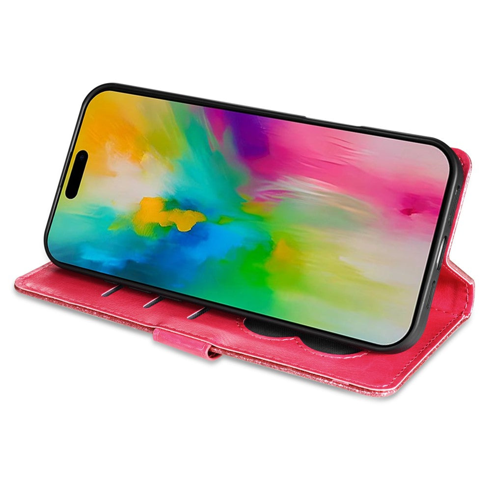 For iPhone 17 Pro Max Stand Case Glitter Phone Leather Cover Zipper Pocket - Rose