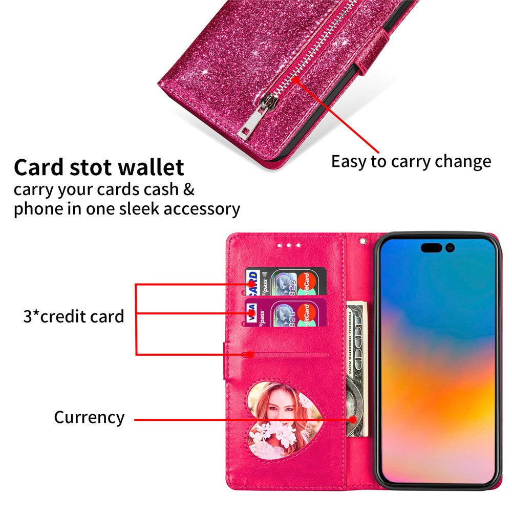 For iPhone 17 Pro Max Stand Case Glitter Phone Leather Cover Zipper Pocket - Rose