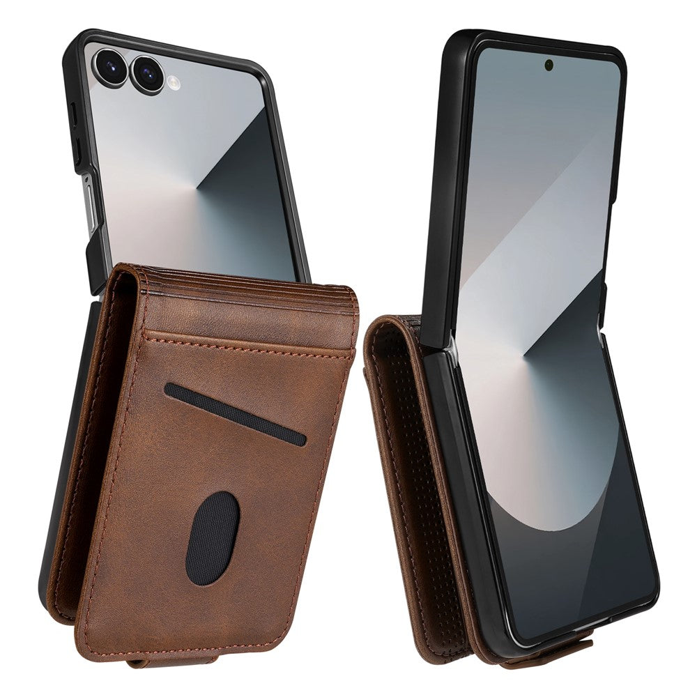 AZNS For Samsung Galaxy Z Flip7 5G Case Card Holder Cowhide Texture PC + PU Leather Phone Cover - Coffee